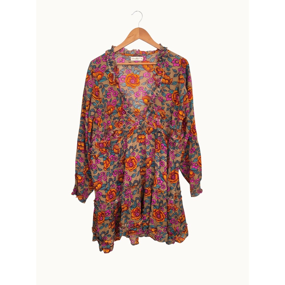 Natural Life Floral Boho Mini Dress Brown Orange V-Neck Ruffle Tiered XL